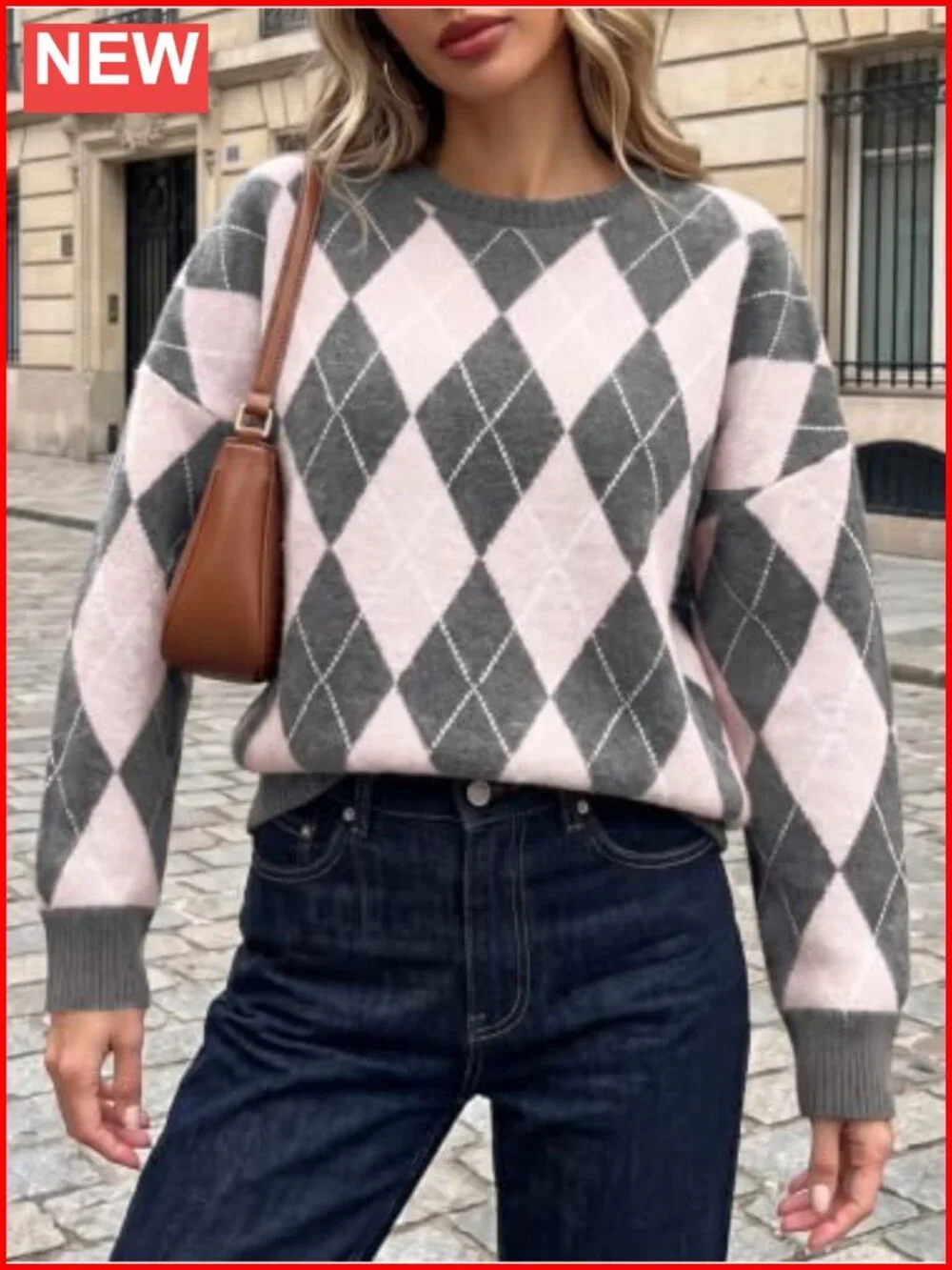 Oversized Argyle Plaid Knit Pullover Sweater Long Sleeve Crew Neck